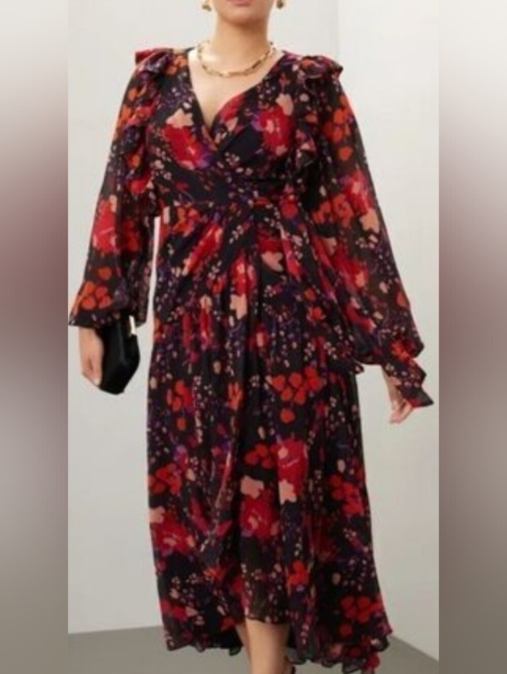 Floral V-Neck Long Sleeve Midi Dress in Red and Black Slate And Willow Medium
